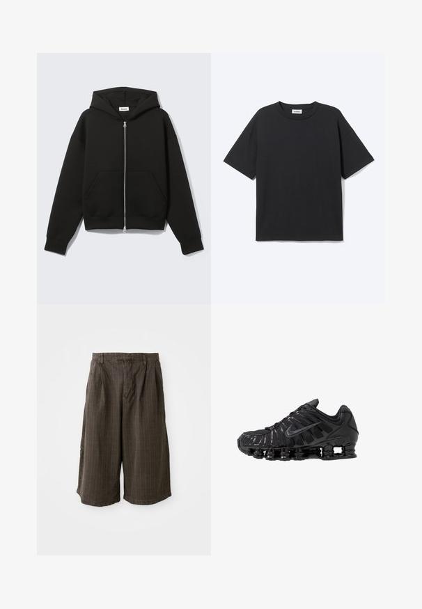Sudadera negra con cremallera, capucha unida y bolsillos delanteros tipo canguro, extendida sobre un fondo claro.; Camiseta negra de manga corta con cuello redondo, ajuste relajado, vista frontal, diseño sencillo y etiqueta visible de la marca Weekday en el interior del cuello.; Pantalones cortos a rayas marrones con un corte holgado. Hechos de una tela ligera, presentan pliegues y dobladillo enrollado para un detalle adicional.; Zapatillas deportivas negras fabricadas con malla y materiales sintéticos, con un diseño ondulado distintivo, suela de goma negra y detalles reflectantes.