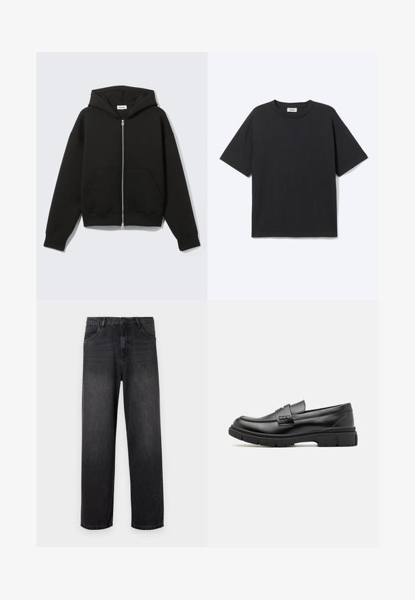 Sudadera negra con cremallera, capucha unida y bolsillos delanteros tipo canguro, extendida sobre un fondo claro.; Camiseta negra de manga corta con cuello redondo, ajuste relajado, vista frontal, diseño sencillo y etiqueta visible de la marca Weekday en el interior del cuello.; Jeans de denim gris oscuro con un diseño de pierna recta, que cuentan con un cierre de cremallera, cinco bolsillos y sutiles detalles de desvanecimiento en la tela.; Mocasin de cuero negro con una cinta ancha en el empeine, suela de goma con tacos gruesos y textura suave. Diseño clásico y elegante.