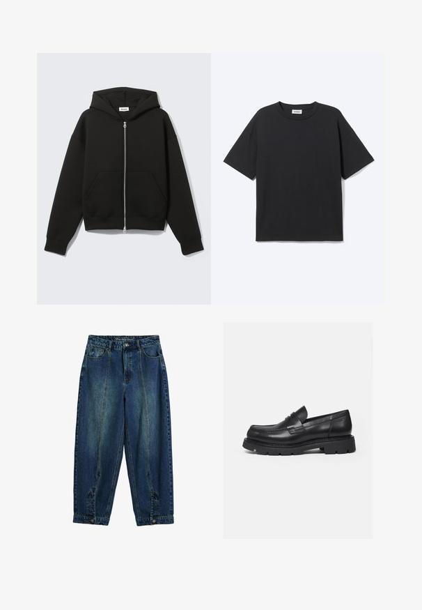 Sort lynlås-hoodie med fastgjort hætte og forreste kængurulommer, lagt fladt på en lys baggrund.; Sort T-shirt med korte ærmer og rund hals med afslappet pasform, forfra, ensfarvet design og synligt Weekday-mærke inde i kraven.; Denim bukser med et klassisk blå vask, høj talje, løs pasform, for- og baglommer samt knaplukning ved taljen.; Sort læderloafer med tyk rillede sål og penny-remdetalje, vist i højre sideprofil på hvid baggrund.