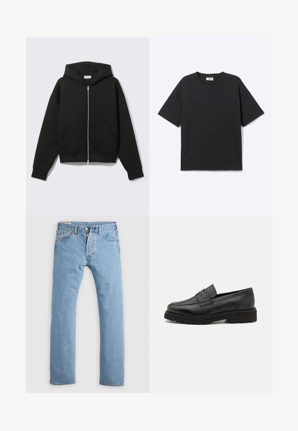 Sort lynlås-hoodie med fastgjort hætte og forreste kængurulommer, lagt fladt på en lys baggrund.; Sort T-shirt med korte ærmer og rund hals med afslappet pasform, forfra, ensfarvet design og synligt Weekday-mærke inde i kraven.; Lys blå lige ben denim jeans med knaplukning, bæltestropper og for- og baglommer, vist på en hvid baggrund.; Sort læder loafersko med rund tå, syningsdetaljer og en tyk, struktureret sål. Har et elegant, minimalistisk design.