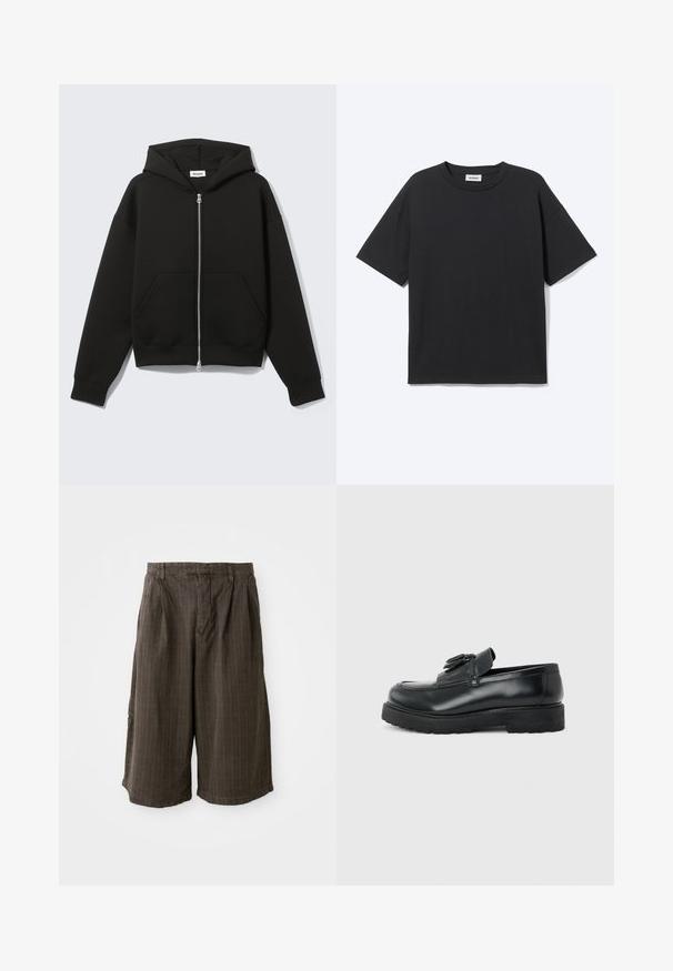 Sudadera negra con cremallera, capucha unida y bolsillos delanteros tipo canguro, extendida sobre un fondo claro.; Camiseta negra de manga corta con cuello redondo, ajuste relajado, vista frontal, diseño sencillo y etiqueta visible de la marca Weekday en el interior del cuello.; Pantalones cortos a rayas marrones con un corte holgado. Hechos de una tela ligera, presentan pliegues y dobladillo enrollado para un detalle adicional.; Mocasín de cuero negro con borlas, suela de caucho gruesa y tacón bajo, mostrado de perfil sobre un fondo liso.