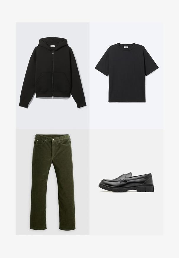 Schwarzer Zip-Hoodie mit angenähter Kapuze und vorderen Kängurutaschen, flach auf hellem Hintergrund liegend.; Schwarzes T-Shirt mit kurzen Ärmeln und Rundhalsausschnitt in lockerer Passform, Vorderansicht, schlichtes Design und sichtbares Weekday-Label im Krageninneren.; Olivgrüne Kordhosen mit geradem Schnitt, vorderem Knopf, Reißverschluss, Gürtelschlaufen und fünf Taschen auf einem weißen Hintergrund.; Schwarze Lederloafer mit einem breiten Riemen über dem Rist, Gummisohle mit dicken Profilen und glatter Textur. Klassisches, schlankes Design.