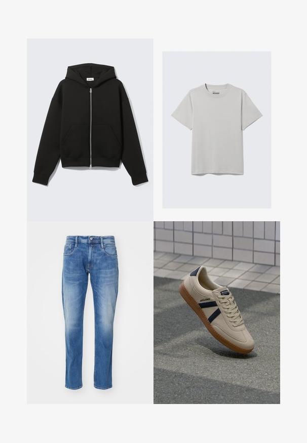 Sudadera negra con cremallera, capucha unida y bolsillos delanteros tipo canguro, extendida sobre un fondo claro.; Camiseta de algodón gris claro con cuello redondo y mangas cortas, que presenta un diseño minimalista y un corte relajado. Sin estampados ni acentos.; Jeans de mezclilla azul claro con corte recto, diseño de cinco bolsillos, un ligero desgastado y una cinturilla estándar con cierre de botón.; Zapatilla beige con acabado texturizado, rayas azul marino y suela de goma. Presenta una lengüeta acolchada y un sistema de cordones tradicional para un ajuste seguro.
