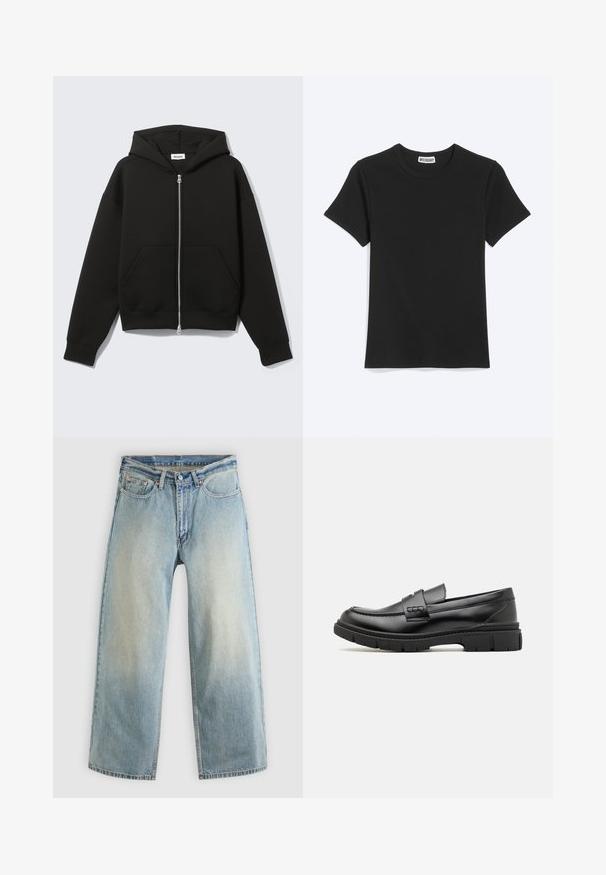 Sweat à capuche zippé noir avec capuche fixée et poches kangourou devant, posé à plat sur un fond clair.; T-shirt noir uni à manches courtes et col rond avec une étiquette de la marque Weekday à l’intérieur du col, présenté sur fond blanc.; Jean denim bleu clair à jambes larges avec une finition délavée. Comprend un design standard à cinq poches et une fermeture à bouton métallique.; Mocassin en cuir noir avec une large sangle sur le devant, semelle en caoutchouc à épaisse rainure, et texture lisse. Design classique et élégant.