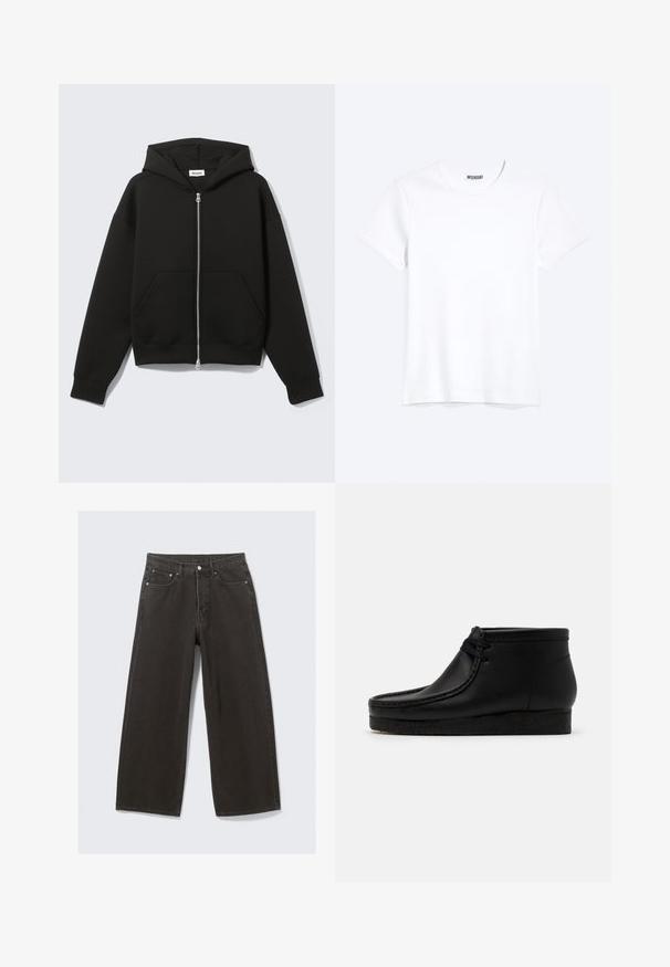 Sudadera negra con cremallera, capucha unida y bolsillos delanteros tipo canguro, extendida sobre un fondo claro.; Camiseta blanca lisa de cuello redondo y manga corta con una etiqueta visible de la marca WEEKDAY en el cuello, mostrada sobre un fondo claro.; Los vaqueros de mezclilla negros de pierna ancha cuentan con una cintura alta, diseño de cinco bolsillos y un cierre de botones. La tela tiene un acabado suave y texturizado.; Botas de cuero negras hasta el tobillo con puntera redondeada, detalles de costura y una suela de goma suave. Presentan un diseño de cordones en la parte delantera.