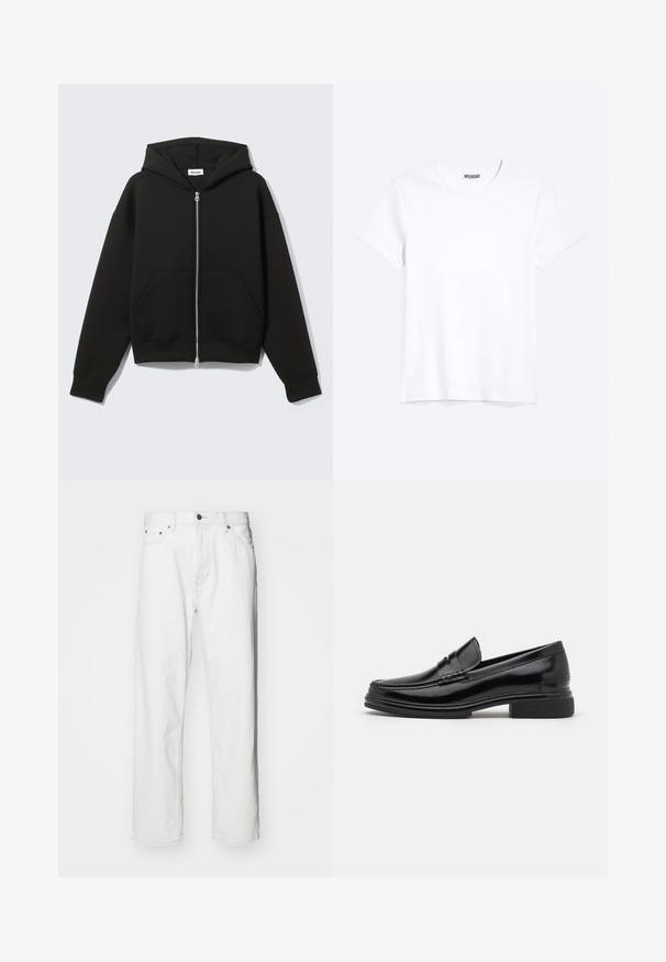 Sort lynlås-hoodie med fastgjort hætte og forreste kængurulommer, lagt fladt på en lys baggrund.; Enkelt hvid T-shirt med korte ærmer og rund hals med synligt WEEKDAY-mærke i kraven, vist på en lys baggrund.; Hvide denimbukser med lige pasform, fem-lomme design, knaplukning og subtile syninger. Glat tekstur og minimalistisk stil.; Sorte læder loafers med en rund tå, der har en syet detalje over vristen og en lav blokhæl. Glat tekstur og blank finish.