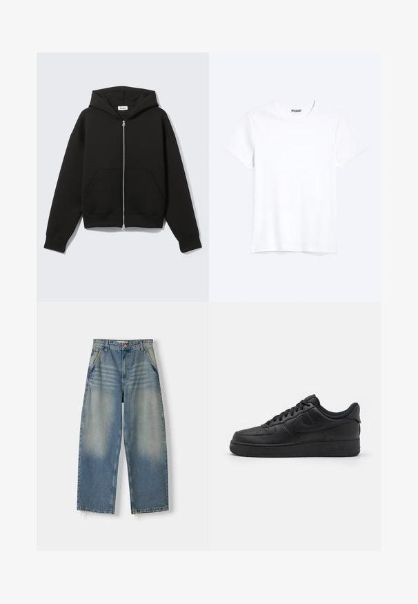 Zwarte hoodie met rits, vastgenaadde kap en voorzakken in kangoeroestijl, plat uitgespreid op een lichte achtergrond.; Effen witte T-shirt met korte mouwen en ronde hals met een zichtbaar WEEKDAY-merklabel bij de nek, weergegeven op een lichte achtergrond.; Lichtblauwe denim broek met wijde pijpen en een vervaagde afwerking, vijf zakken ontwerp en een ruwe zoom. Voorzien van een knoop- en ritssluiting aan de voorkant.; Nike Sportswear AIR FORCE 1 07 FLYEASE - Sneakers laag - black