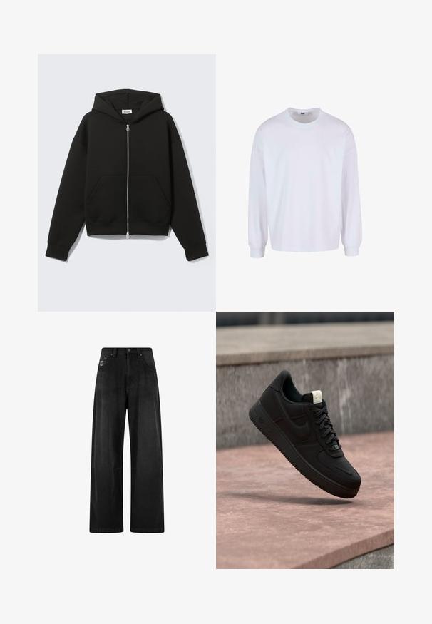 Sort lynlås-hoodie med fastgjort hætte og forreste kængurulommer, lagt fladt på en lys baggrund.; Hvid langærmet T-shirt med rund hals, afslappet pasform og elastiske manchetter. Fremstillet af blødt, glat bomuldsstof.; Bredde ben sorte denim bukser med høj talje, der har fire lommer og et lille logo-tag på forsiden. Glat tekstur, enkel design.; Sort Nike Air Force 1 sneaker, der svæver over en lyserød betonforkant med en grå stenet baggrund, som viser sidde- og topdetaljer.