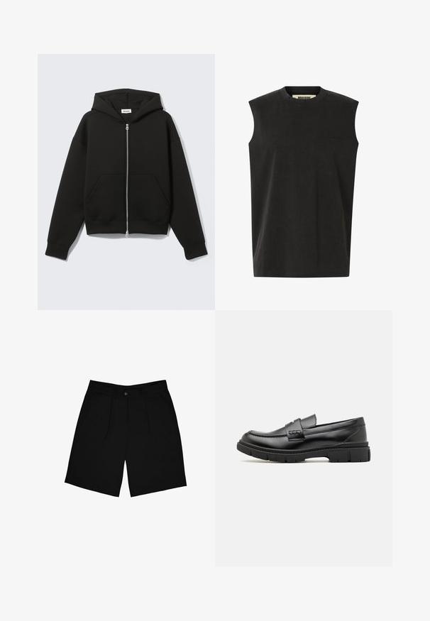 Sort lynlås-hoodie med fastgjort hætte og forreste kængurulommer, lagt fladt på en lys baggrund.; Sort ærmeløs T-shirt med rund halsudskæring og diskret "Woodbird"-logo på øverste venstre bryst.; Sorte shorts lavet af stof med en glat tekstur, der har en frontknaplukning, to sidelommer og et plisseret design.; Sort læder loafersko med en bred rem over forfoden, gummisål med tykke mønstre og glat overflade. Klassisk, slankt design.