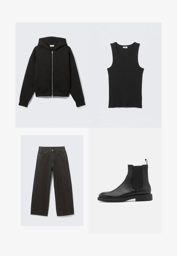 Sort lynlås-hoodie med fastgjort hætte og forreste kængurulommer, lagt fladt på en lys baggrund.; Sort ærmeløs ribstrikket tanktop med rund halsudskæring, fladt lagt på lysegrå baggrund. Etiket med teksten "WEEKDAY."; Bredde ben sorte denim jeans har høj talje, fem-lomme design og knaplukning foran. Stoffet har en blød, tekstureret overflade.; Sort læder ankelstøvle med glat overflade, elastiske sidepaneler og en trækstrop. Rund tå og flad gummisål med minimal mønster.