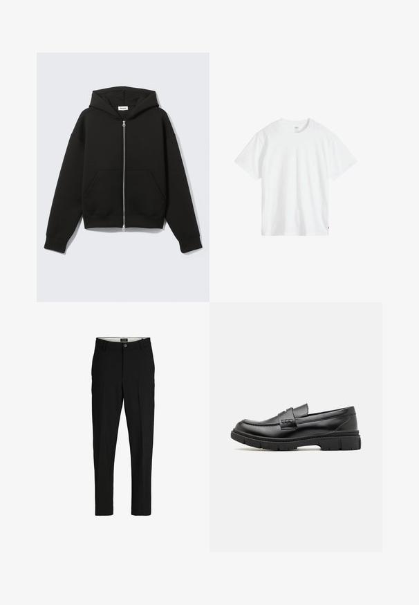 Schwarzer Zip-Hoodie mit angenähter Kapuze und vorderen Kängurutaschen, flach auf hellem Hintergrund liegend.; Weißes Baumwoll-T-Shirt mit Rundhalsausschnitt, kurzen Ärmeln und lockerer Passform. Verfügt über ein kleines Markenschild unten links.; Schwarze Hosen aus glattem Stoff, mit maßgeschneidertem Design, geraden Beinen, zwei Fronttaschen und einem Knopfverschluss.; Schwarze Lederloafer mit einem breiten Riemen über dem Rist, Gummisohle mit dicken Profilen und glatter Textur. Klassisches, schlankes Design.