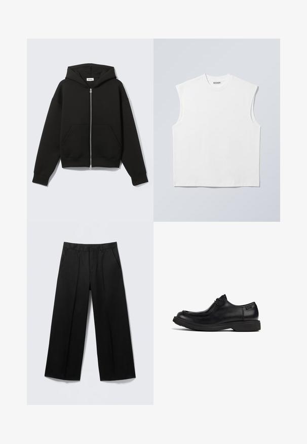 Sweat à capuche zippé noir avec capuche fixée et poches kangourou devant, posé à plat sur un fond clair.; Haut blanc sans manches en coton à col rond avec épaules structurées, marqué "WEEKDAY" sur l'étiquette du col, présenté sur un fond gris clair.; Pantalon large noir avec passants pour ceinture, poches avant et fermeture éclair, présenté sur un fond gris clair.; Chaussure habillée en cuir noir à lacets, avec une semelle épaisse et un orteil arrondi, vue de côté sur fond blanc.