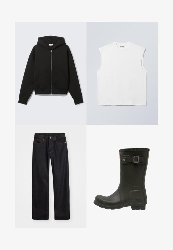 Zwarte hoodie met rits, vastgenaadde kap en voorzakken in kangoeroestijl, plat uitgespreid op een lichte achtergrond.; Wit mouwloos katoenen top met ronde hals en gestructureerde schouders, met het merk "WEEKDAY" op het label in de kraag, afgebeeld op een lichtgrijze achtergrond.; Heren straight-leg zwarte denim jeans met vijf zakken en oranje stiksels, knoop- en ritssluiting op de voorkant van de tailleband.; Zwarte rubberen regenlaars met een ronde neus, een gespband aan de bovenkant en een geprofileerde buitenzool voor grip.