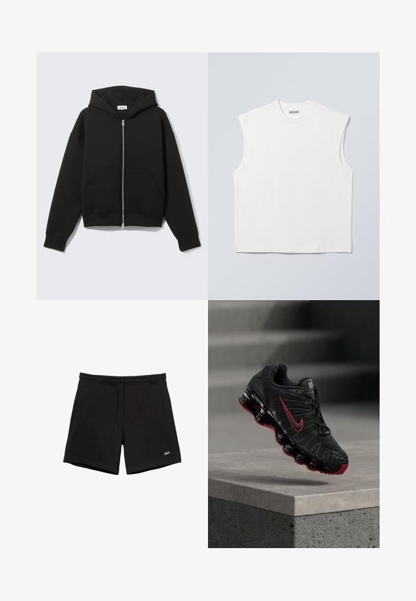 Sweat à capuche zippé noir avec capuche fixée et poches kangourou devant, posé à plat sur un fond clair.; Haut blanc sans manches en coton à col rond avec épaules structurées, marqué "WEEKDAY" sur l'étiquette du col, présenté sur un fond gris clair.; Shorts noirs décontractés avec une ceinture élastique, un cordon de serrage, deux poches latérales et un petit logo blanc brodé sur la jambe gauche.; Chaussure de sport Nike noire et rouge avec une semelle visible en forme de ressort, en équilibre sur le bord d’une marche en béton.