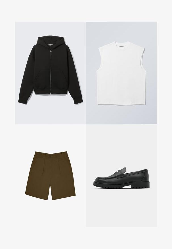 Sweat à capuche zippé noir avec capuche fixée et poches kangourou devant, posé à plat sur un fond clair.; Haut blanc sans manches en coton à col rond avec épaules structurées, marqué "WEEKDAY" sur l'étiquette du col, présenté sur un fond gris clair.; Shorts marron longueur genou avec passants de ceinture, fermeture à boutons à l'avant et poches latérales, posés à plat sur un fond blanc.; Mocassins en cuir noir à bout arrondi, avec un design cousu, une semelle plateforme basse et une semelle en caoutchouc texturée et crantée.