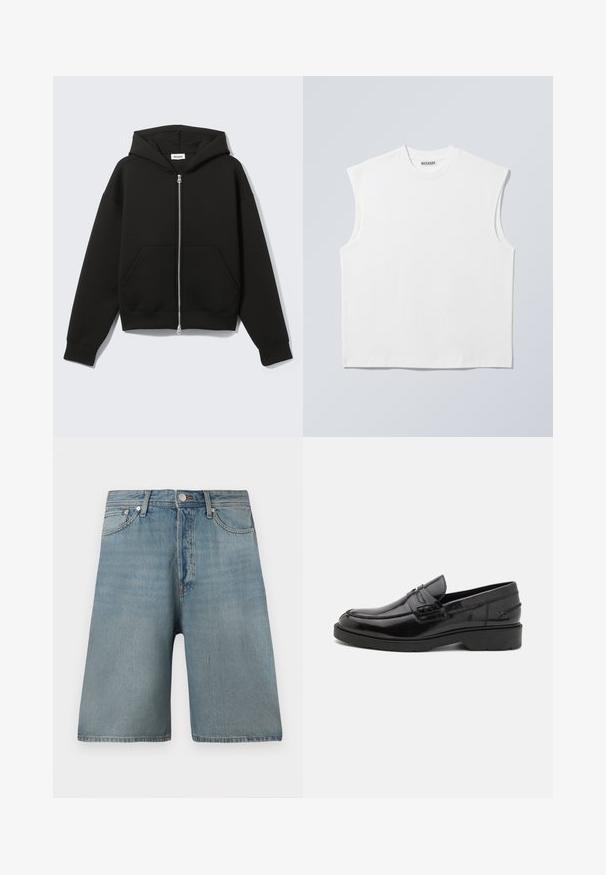 Zwarte hoodie met rits, vastgenaadde kap en voorzakken in kangoeroestijl, plat uitgespreid op een lichte achtergrond.; Wit mouwloos katoenen top met ronde hals en gestructureerde schouders, met het merk "WEEKDAY" op het label in de kraag, afgebeeld op een lichtgrijze achtergrond.; Lichtblauwe denim shorts met een losse pasvorm, vijf zakken en een traditionele knoopsluiting, met vervaagde vlekken voor een versleten uitstraling.; Zwarte leren instappers met een gladde afwerking, ronde neus, lage hak en decoratieve stiksels aan de voorkant. Rubberen buitenzool voor grip.