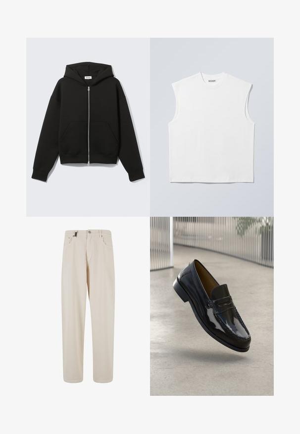 Zwarte hoodie met rits, vastgenaadde kap en voorzakken in kangoeroestijl, plat uitgespreid op een lichte achtergrond.; Wit mouwloos katoenen top met ronde hals en gestructureerde schouders, met het merk "WEEKDAY" op het label in de kraag, afgebeeld op een lichtgrijze achtergrond.; Beige katoenen broek met een recht pasvorm, voorzien van voorzakken en een knoopsluiting. Gladde textuur met minimale details.; Zwarte gepatineerde leren instapper met een gestikt accent, ronde neus, lage hak en een glad oppervlak, uiteengezet tegen een neutrale achtergrond.