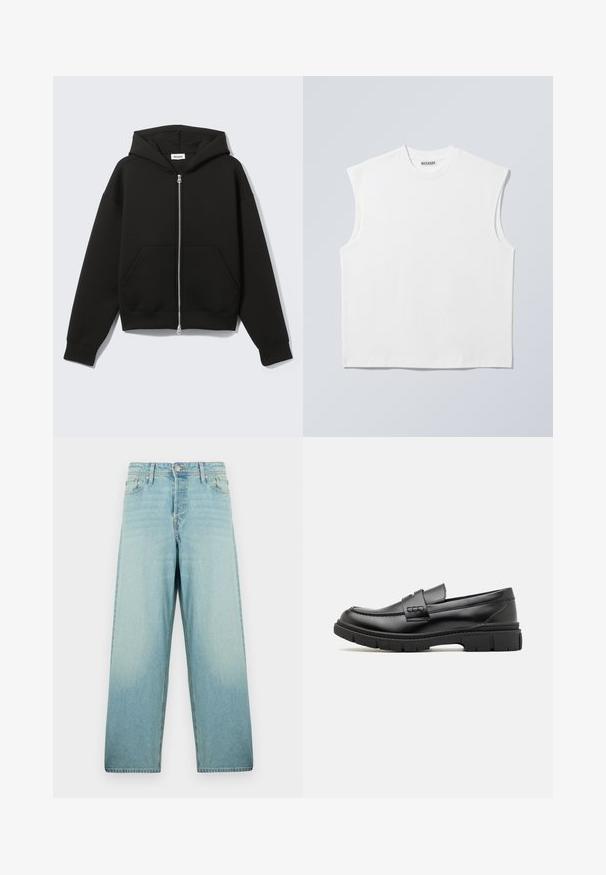Zwarte hoodie met rits, vastgenaadde kap en voorzakken in kangoeroestijl, plat uitgespreid op een lichte achtergrond.; Wit mouwloos katoenen top met ronde hals en gestructureerde schouders, met het merk "WEEKDAY" op het label in de kraag, afgebeeld op een lichtgrijze achtergrond.; Lichtblauwe wijde denim jeans met een vervaagde was. Voorzien van een voorste knoopsluiting en een vijf-pocketontwerp.; Zwarte leren instapper met een brede band over de voet, rubberen zool met dikke noppen en een gladde textuur. Klassiek, strak ontwerp.