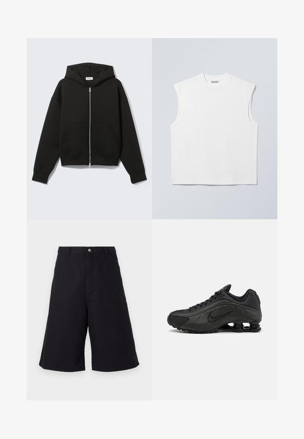 Sweat à capuche zippé noir avec capuche fixée et poches kangourou devant, posé à plat sur un fond clair.; Haut blanc sans manches en coton à col rond avec épaules structurées, marqué "WEEKDAY" sur l'étiquette du col, présenté sur un fond gris clair.; Shorts en coton noirs à coupe droite, avec poches devant, fermeture à bouton et une texture adaptée à un usage décontracté.; Baskets de course noires avec une tige en synthétique lisse, des accents perforés, des panneaux latéraux texturés et une semelle distincte et rebondissante.