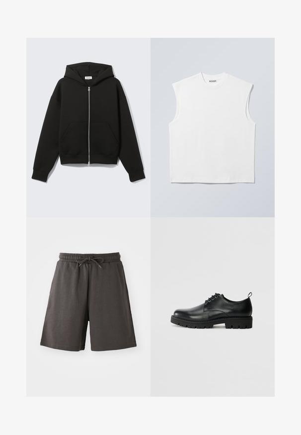 Sweat à capuche zippé noir avec capuche fixée et poches kangourou devant, posé à plat sur un fond clair.; Haut blanc sans manches en coton à col rond avec épaules structurées, marqué "WEEKDAY" sur l'étiquette du col, présenté sur un fond gris clair.; Shorts gris foncé en tissu doux, dotés d'une taille élastique, d'un cordon de serrage réglable et d'une coupe au niveau des genoux. Texture lisse, sans motifs.; Chaussure en cuir noir à bout arrondi, présentant un design à lacets, une semelle en caoutchouc noire robuste et un petit onglet de talon à l'arrière.
