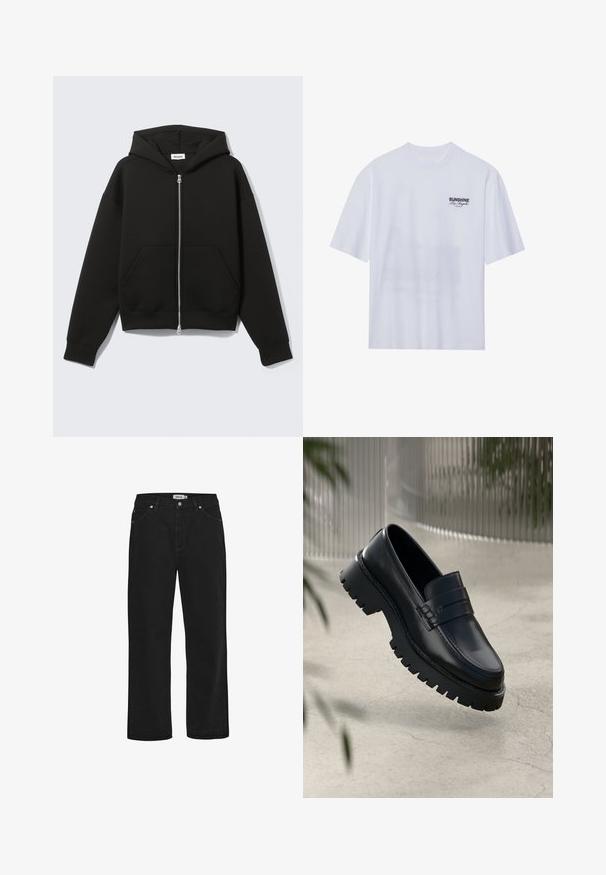 Sudadera negra con cremallera, capucha unida y bolsillos delanteros tipo canguro, extendida sobre un fondo claro.; Camiseta de algodón blanca de manga corta con un gráfico negro "SUNSHINE Los Ángeles" en el área del pecho izquierdo. Cuello redondo, corte relajado.; Vaqueros de mezclilla negra con corte recto, diseño de cinco bolsillos, detalles en hardware de cobre y una cinta de cintura resistente. Textura suave, estilo sin adornos.; Mocasines de cuero negro con suela gruesa, que presentan una correa decorativa y detalles de costura. Textura suave con un acabado pulido.
