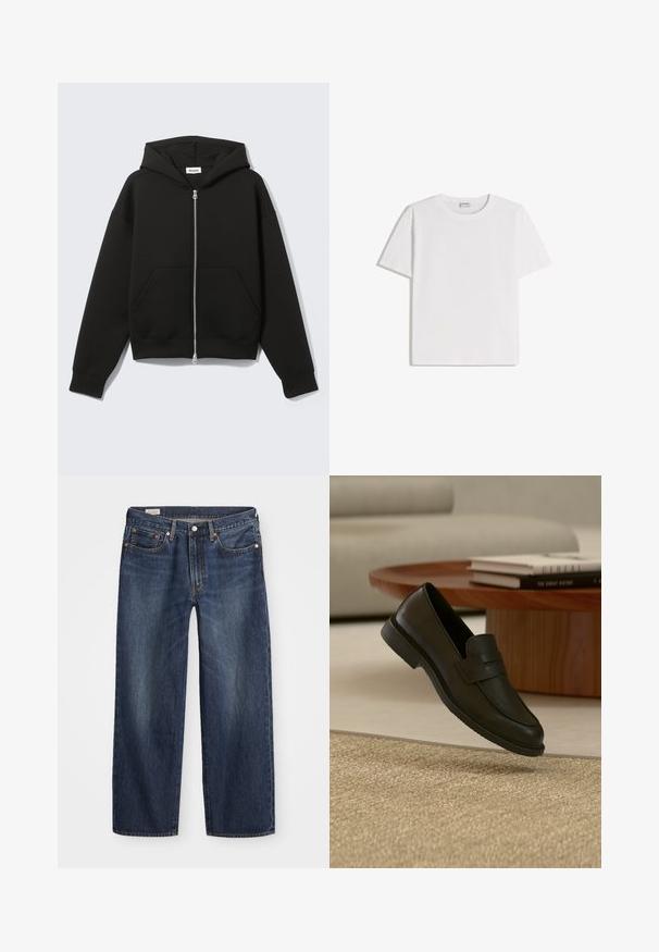 Zwarte hoodie met rits, vastgenaadde kap en voorzakken in kangoeroestijl, plat uitgespreid op een lichte achtergrond.; Wit katoenen T-shirt met een ronde hals en korte mouwen. Heeft een klassieke, rechte pasvorm zonder zichtbare patronen of accenten.; Donkerblauwe spijkerbroek met een rechte pijp, vijf zakken, metalen knoop en rits, en subtiele wassingpatronen.; Zwarte leren loafer schoen getoond in de lucht boven een beige geweven tapijt, met een houten tafel en gestapelde boeken in een zacht verlichte woonkamer.