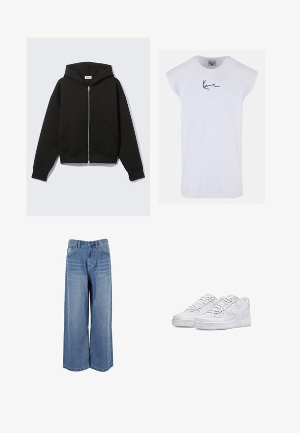 Zwarte hoodie met rits, vastgenaadde kap en voorzakken in kangoeroestijl, plat uitgespreid op een lichte achtergrond.; Karl Kani SMALL SIGNATURE TEE - Top - white; Brede blauwe denim jeans met een hoge taille, frontzakken en gestikte details op de benen. Gelaagd, vervaagd uiterlijk met een relaxed fit.; Witte leren sneakers met geperforeerde teenbox, platte veters en een verhoogde rubberen zool. Voorzien van een swoosh-logo en minimale stikdetails.