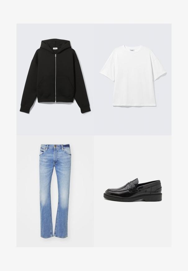 Sudadera negra con cremallera, capucha unida y bolsillos delanteros tipo canguro, extendida sobre un fondo claro.; Camiseta blanca de gran tamaño con mangas cortas, cuello redondo y hombros caídos, plana sobre fondo gris claro.; Jeans de mezclilla azul claro con un diseño de pierna recta, que presentan desgastes en la parte frontal, estilo clásico de cinco bolsillos y una cremallera con un cierre de botón.; Mocasines de cuero negro con un acabado suave, punta redondeada, tacón bajo y costura decorativa en la parte delantera. Suela de goma para mayor agarre.