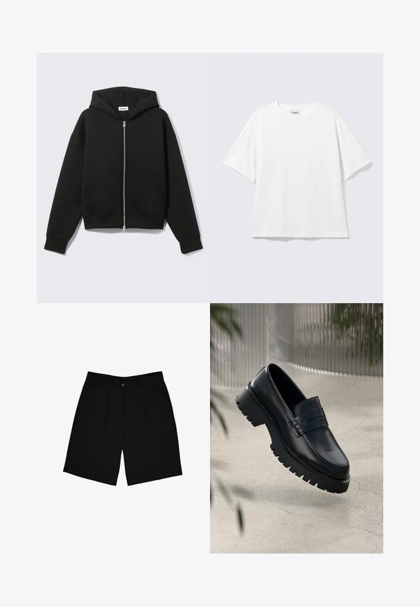 Sort lynlås-hoodie med fastgjort hætte og forreste kængurulommer, lagt fladt på en lys baggrund.; Hvid oversized t-shirt med korte ærmer og rund halsudskæring med sænkede skuldre, fladt lagt på lys grå baggrund.; Sorte shorts lavet af stof med en glat tekstur, der har en frontknaplukning, to sidelommer og et plisseret design.; Sorte læder loafers med en chunky sål, der har en dekorativ rem og syninger. Glat tekstur med en poleret overflade.