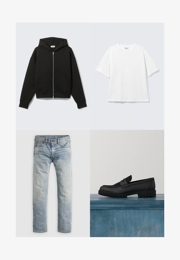 Schwarzer Zip-Hoodie mit angenähter Kapuze und vorderen Kängurutaschen, flach auf hellem Hintergrund liegend.; Weißes oversized T-Shirt mit kurzen Ärmeln und Rundhalsausschnitt mit eingesetzten Schultern, flach auf hellgrauem Hintergrund.; Hellblaue gerade geschnittene Jeans mit Knopfverschluss, Fronttaschen und Gürtelschlaufen, flach auf weißem Hintergrund präsentiert.; Schwarzer Slip-on-Schuh aus Leder mit einem strukturierten Stoffakzent, einer robusten Gummisohle und einer glatten Oberfläche. Verfügt über dezente Nahtdetails.