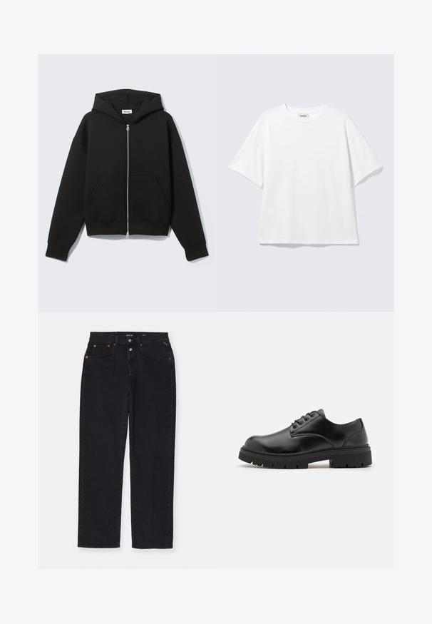 Sort lynlås-hoodie med fastgjort hætte og forreste kængurulommer, lagt fladt på en lys baggrund.; Hvid oversized t-shirt med korte ærmer og rund halsudskæring med sænkede skuldre, fladt lagt på lys grå baggrund.; Sorte denimbukser med lige snit, fem lomme-design, metalhardware og subtile syninger. Blød tekstur, minimalt design.; Sorte lædersko med rund tå, snørelukning og en tykk, struktureret gummisål. Har syninger langs kanten og en glat overflade.