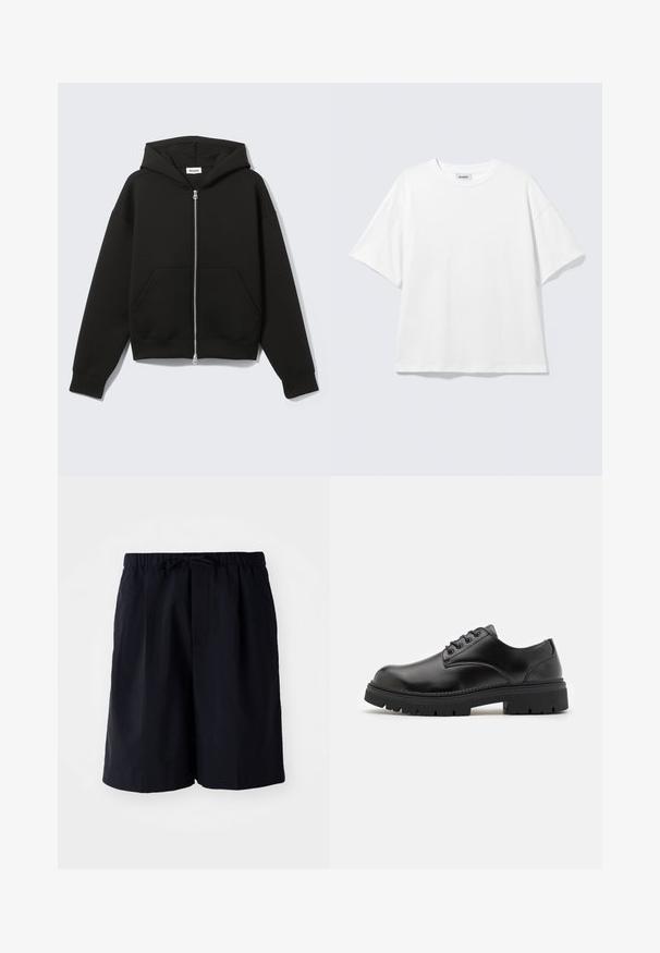 Sweat à capuche zippé noir avec capuche fixée et poches kangourou devant, posé à plat sur un fond clair.; T-shirt blanc oversize à manches courtes, col rond, épaules tombantes, posé à plat sur fond gris clair.; Shorts bleu marine en tissu léger, dotés d'une taille élastique avec cordon de serrage et de deux poches latérales, coupe droite.; Chaussures en cuir noir avec un bout rond, un laçage et une semelle en caoutchouc épaisse et texturée. Présente des coutures le long du bord et une finition lisse.