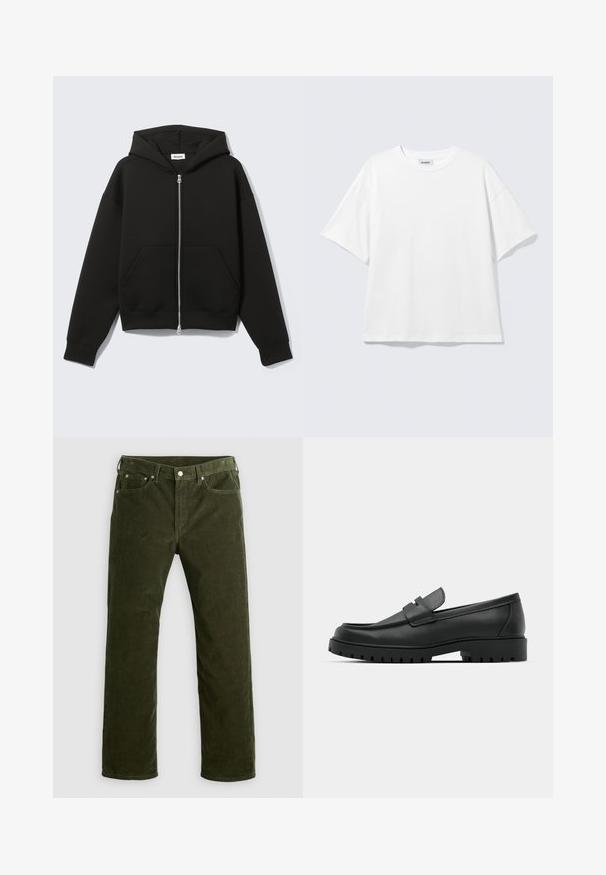 Schwarzer Zip-Hoodie mit angenähter Kapuze und vorderen Kängurutaschen, flach auf hellem Hintergrund liegend.; Weißes oversized T-Shirt mit kurzen Ärmeln und Rundhalsausschnitt mit eingesetzten Schultern, flach auf hellgrauem Hintergrund.; Olivgrüne Kordhosen mit geradem Schnitt, vorderem Knopf, Reißverschluss, Gürtelschlaufen und fünf Taschen auf einem weißen Hintergrund.; Schwarze Lederloafer mit runder Zehenform, ausgestattet mit einem gesteppten Design, niedrigem Plattformsohle und einer strukturierten, genoppten Gummisohle.