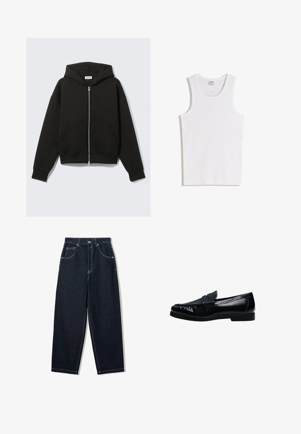 Sweat à capuche zippé noir avec capuche fixée et poches kangourou devant, posé à plat sur un fond clair.; Débardeur blanc en coton avec un col rond et de larges bretelles. Texture lisse, sans motifs ni accents, design simple.; Jean en denim foncé à jambes larges avec des coutures blanches contrastées, cinq poches et une fermeture bouton. Présente un design taille haute.; Mocassin penny loafer pour homme en cuir noir avec bout moc cousu et petit talon, présenté de profil sur fond blanc.