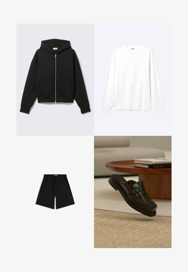 Sweat à capuche zippé noir avec capuche fixée et poches kangourou devant, posé à plat sur un fond clair.; Chemise blanche unie à manches longues avec col rond et poignets côtelés, présentée sur un fond clair neutre.; Shorts noirs longueur genou avec ceinture élastique et cordon de serrage, conçus pour un usage décontracté.; Chaussure noire en cuir à enfiler avec double boucle argentée, présentée en suspension au-dessus d'un tapis beige texturé, près d'une table basse en bois et des livres.