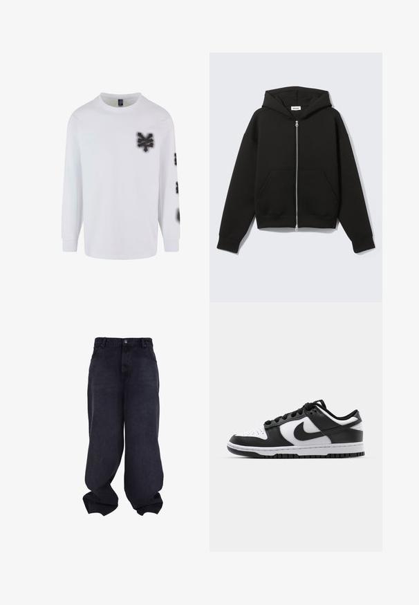 Sweat à capuche zippé noir avec capuche fixée et poches kangourou devant, posé à plat sur un fond clair.; T-shirt à manches longues blanc en coton, avec des graphiques style peinture en spray noire sur la poitrine gauche et la manche. Design classique à col rond.; Jeans baggy noirs oversize avec fermeture avant à boutons et fermeture éclair, poches avant et jambes larges et amples.; Baskets Nike Dunk en noir et blanc avec une tige en cuir, un bout perforé, des lacets noirs et une semelle en caoutchouc noir avec un motif de semelle.