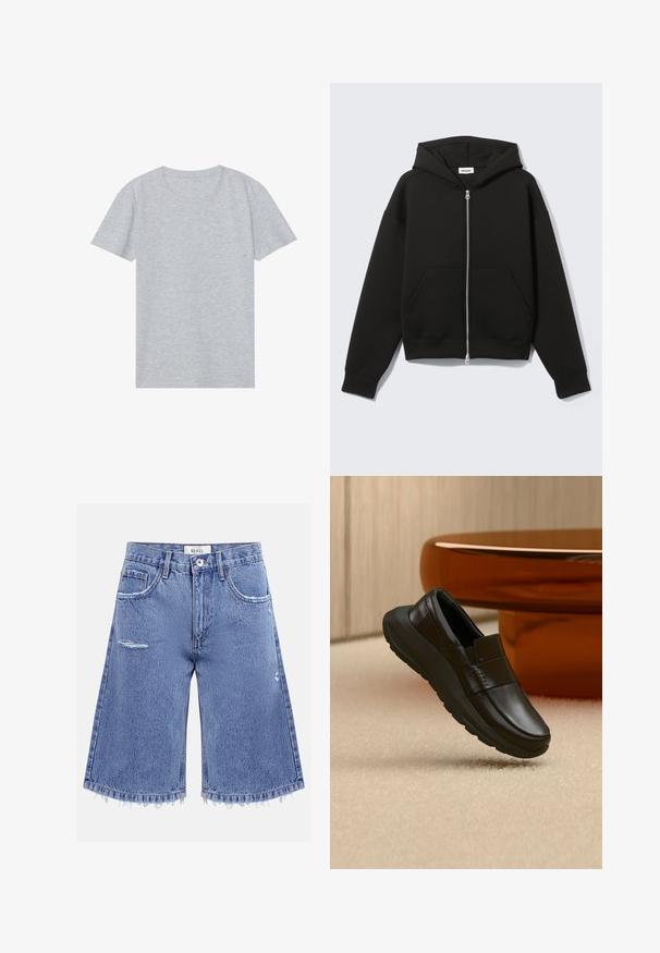 Sweat à capuche zippé noir avec capuche fixée et poches kangourou devant, posé à plat sur un fond clair.; T-shirt gris à manches courtes en mélange de coton doux, avec un col rond classique et une texture lisse et légère.; Shorts en jean bleu clair longueur genou avec détails usés, ourlets effilochés, cinq poches et fermeture à boutons sur le devant.; Mocassin en cuir noir avec une semelle épaisse, présenté au-dessus d'un tapis beige et près d'une base de table ronde couleur ambre.
