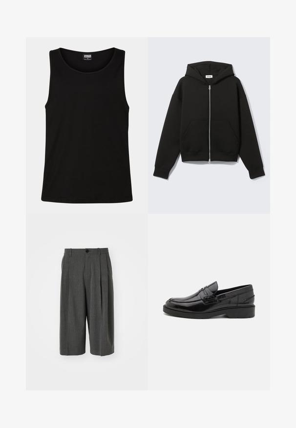 Sweat à capuche zippé noir avec capuche fixée et poches kangourou devant, posé à plat sur un fond clair.; Débardeur noir en coton doux. Il présente un col rond et des emmanchures larges, sans motifs ni accents visibles.; Shorts larges à rayures gris avec fermeture à bouton et plissé à l'avant. Fabriqués à partir d'un tissu texturé, présentant un design ajusté.; Mocassins en cuir noir avec une finition lisse, un bout rond, un petit talon et descoutures décoratives à l'avant. Semelle en caoutchouc pour l'adhérence.