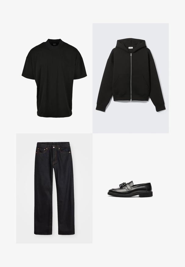 Sudadera negra con cremallera, capucha unida y bolsillos delanteros tipo canguro, extendida sobre un fondo claro.; Camiseta de manga corta negra con diseño de cuello redondo, hecha de tela suave, que presenta un ajuste relajado y sin patrones o acentos visibles.; Jeans de mezclilla negros de pierna recta para hombre, con cinco bolsillos y costuras en color naranja, cierre de botón y cremallera en la parte delantera de la cintura.; Mocasines de cuero negro con una superficie lisa, punta redondeada y un borlas decorativas en la correa. Suela plana y detalle de costura sutil.