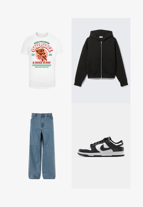 Zwarte hoodie met rits, vastgenaadde kap en voorzakken in kangoeroestijl, plat uitgespreid op een lichte achtergrond.; Witte t-shirt met een grafische print van een pizzapunt met pepperoni, vergezeld van kleurrijke tekst en een geruit patroon aan de onderkant.; Jeans met wijde pijpen in lichtblauw. Voorzien van een knoop- en ritssluiting, vijf zakken en een vervaagde textuur voor een klassieke uitstraling.; Zwart-witte Nike Dunk sneakers met een leren bovenwerk, geperforeerde neus, zwarte veters en een zwarte rubberen zool met profiel.