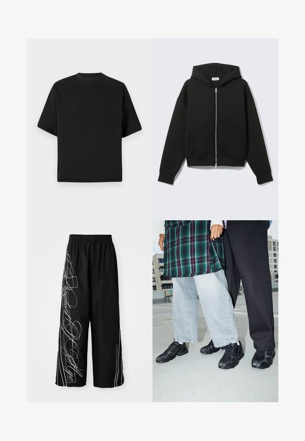 Sweat à capuche zippé noir avec capuche fixée et poches kangourou devant, posé à plat sur un fond clair.; T-shirt noire à manches courtes au fit ample, fabriquée en coton lisse, avec un col rond et un design minimaliste.; Pantalons noirs, à jambes larges et coupés, fabriqués en tissu léger. Présentent des motifs et des accents brodés blancs qui descendent sur les côtés. Taille élastique.; Baskets de sport noires avec des accents en mesh et en caoutchouc. Portées avec un jean large gris clair et un haut à carreaux vert. Fond à surface plane.