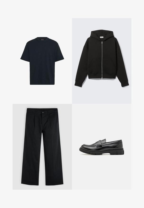 Sort lynlås-hoodie med fastgjort hætte og forreste kængurulommer, lagt fladt på en lys baggrund.; Marineblå bomulds T-shirt med rund hals, korte ærmer og en afslappet pasform. Glat tekstur uden synlige mønstre eller accenter.; Sorte bukser med lige ben, foran med knap og lynlås, sidelommer og bæltestropper på en ensfarvet lys baggrund.; Sort læder loafersko med en bred rem over forfoden, gummisål med tykke mønstre og glat overflade. Klassisk, slankt design.