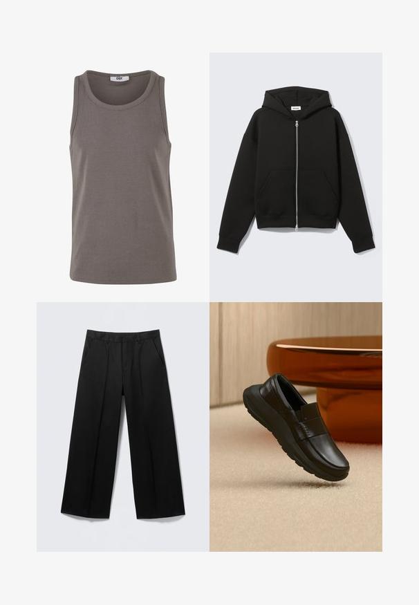Sort lynlås-hoodie med fastgjort hætte og forreste kængurulommer, lagt fladt på en lys baggrund.; Grå ribbet tank top med rund halsudskæring og brede ærmehuller. Lavet af strækbart stof, har den en almindelig pasform og et minimalistisk design.; Sorte vidde-bukser med bæltestropper, forlommer og lynlås foran, vist på en lysegrå baggrund.; Sort læderloafer med tyk sål, vist over beige tæppe og nær en rund bordfod i ravfarve.