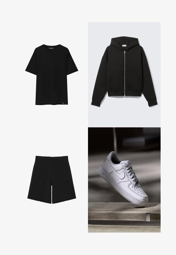 Sweat à capuche zippé noir avec capuche fixée et poches kangourou devant, posé à plat sur un fond clair.; T-shirt noir à manches courtes en coton, avec un col ras du cou et une petite étiquette de marque en bas à gauche.; Short noir sur mesure avec passants de ceinture, plis devant et poches latérales, posé à plat sur un fond blanc.; La basket Nike Air Force 1 en cuir blanc présente un embout perforé, des lacets plats et une semelle en caoutchouc texturée avec le logo « AIR » sur le côté.