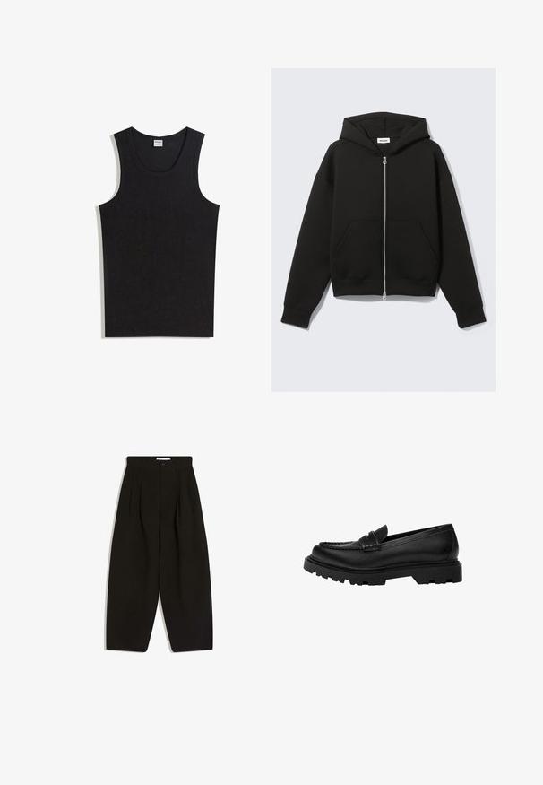 Sweat à capuche zippé noir avec capuche fixée et poches kangourou devant, posé à plat sur un fond clair.; Débardeur noir en coton, doté d'un col rond et d'une coupe sans manches. Texture lisse sans motifs ni accents visibles.; Pantalon noir à jambes larges en tissu doux, avec un devant plissé, une fermeture à boutons et des poches latérales pour plus de fonctionnalité.; Mocassin en cuir noir avec une semelle robuste et texturée. Présente un bord décoratif en couture et un petit talon pour un design contemporain.