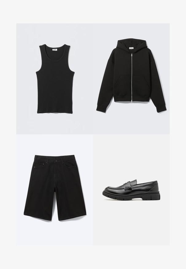 Sweat à capuche zippé noir avec capuche fixée et poches kangourou devant, posé à plat sur un fond clair.; Débardeur noir côtelé sans manches avec encolure ronde, posé à plat sur un fond gris clair. L'étiquette indique « WEEKDAY ».; Short en jean noir longueur genou avec bouton à l'avant, passants de ceinture et cinq poches, présenté sur fond blanc.; Mocassin en cuir noir avec une large sangle sur le devant, semelle en caoutchouc à épaisse rainure, et texture lisse. Design classique et élégant.