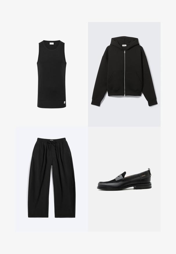 Schwarzer Zip-Hoodie mit angenähter Kapuze und vorderen Kängurutaschen, flach auf hellem Hintergrund liegend.; Schwarzes ärmelloses Tanktop aus geripptem Stoff, mit rundem Ausschnitt und einem kleinen Logolabel am Saum. Einfaches, figurbetontes Design.; Schwarze Hose mit weitem Bein, elastischem Bund und Kordelzug, seitlichen Taschen und lockerem Schnitt.; Schwarzer Lederloafer mit grauem Riemendetail, niedrigem Absatz und strukturierter Sohle, seitlich mit „HUGO“ in Gold gebrandmarkt.