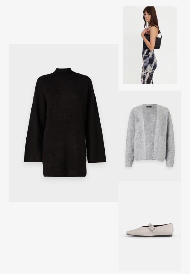 Vero Moda VMNOVAH - Kardigan - medium grey; Must mustreeritud must suur suurus kampsun kõrge krae ja pikad varrukad, millel on tekstuurne kangas, et lisada visuaalset huvi.; Beez värvi nahast lamedad kingad terava varbaga, külgsuunas neetide aktsent ja madal must tall. Sile tekstuur ja minimalistlik disain.; Mustast tepitud õlakotist, millel on üks rihm ja hõbedane riistvara, koos mustri ja koorevärvi triibulise kleidiga, mis on kehakujuline.