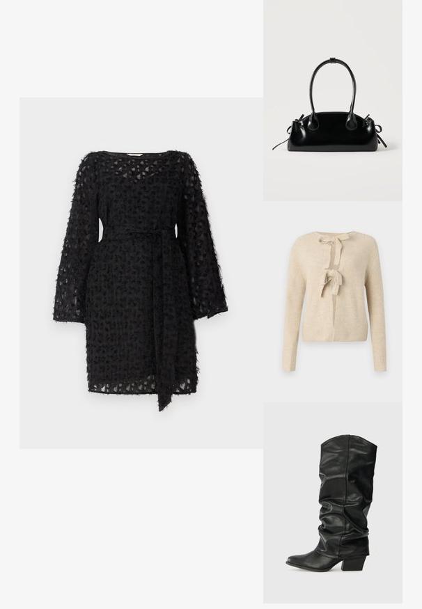 Beige gebreide cardigan met lange mouwen, een ronde halslijn en een striksluiting aan de voorkant. Kenmerkt zich door een geribbelde textuur en een losse pasvorm.; Zwarte jurk van gestructureerde stof met een bloemenpatroon, lange mouwen en een strikceintuur op de taille.; Zwarte leren laarzen tot de knie met een verslonden ontwerp, puntige neus en een chunky hak, voorzien van een zachte textuur en minimale stiksels.; Kleine zwarte glanzende handtas met twee lange hengsels en zijkant trekkoord details op een effen lichte achtergrond.