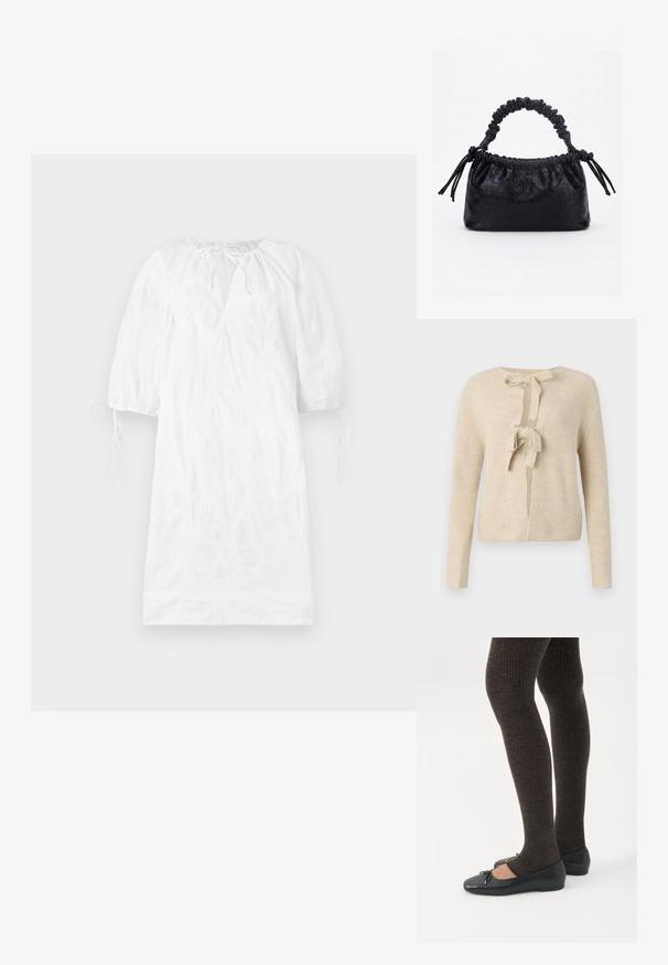 Beige gebreide cardigan met lange mouwen, een ronde halslijn en een striksluiting aan de voorkant. Kenmerkt zich door een geribbelde textuur en een losse pasvorm.; Witte jurk met korte pofmouwen, gestructureerde stof, een v-halslijn en verstelbare strikken bij de manchetten. Glad oppervlak, knielange ontwerp.; Benen met donkere geribbelde leggings gecombineerd met zwarte ballerina's met kleine strikdetails op een witte achtergrond.; Zwarte handtas met krokodillenstructuur, geplooide bovenrand, samengevoerde handgreep en koordtassels aan elke kant tegen een witte achtergrond.